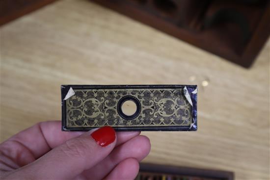 A Victorian brass scientific microscope by Ross, London, boxed with a case of slides